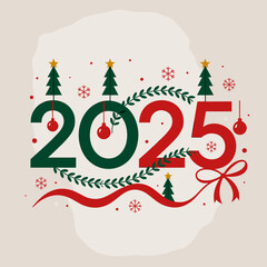 Naklejka premium Festive Christmas 2025 illustration featuring trees, ribbon, snowflakes, berries, and decorative flourishes in red and green. 