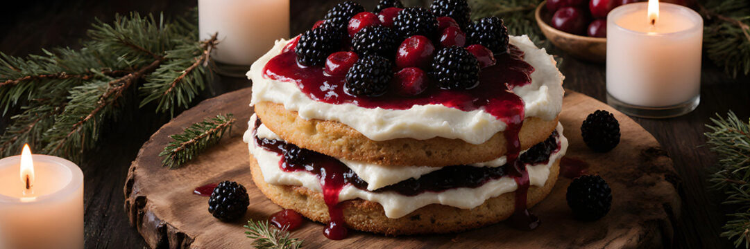Close-up of layered Russian cake with cloudberry jam and crowberry topping, Concept of Old New Year  