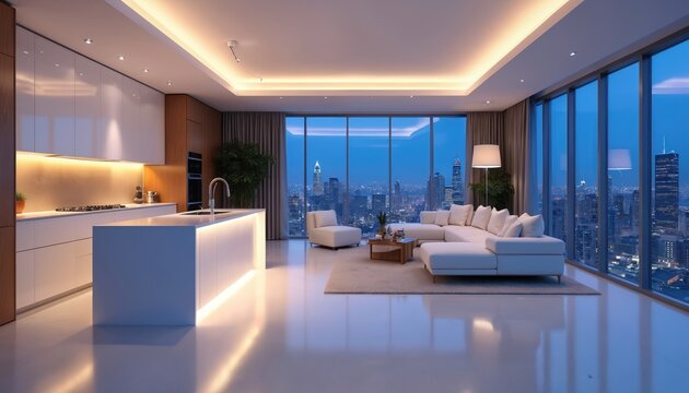 Modern apartment interior with kitchen, furniture and panoramic city view. Minimal design combines smart features and sleek style. Contemporary home, luxury real estate and future living innovation. - Powered by Adobe