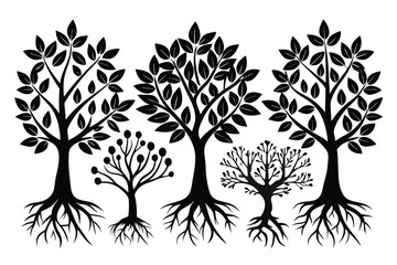 Obraz premium Three mature trees and two young saplings showcase detailed root systems in black silhouettes