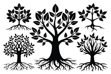 Five different black tree silhouettes with branches, leaves and roots present a natural motif