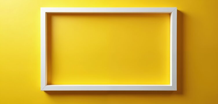 Bright yellow backdrop features white frame. Blank space offers copy area for artwork presentation. Simple scene offers modern style for art galleries. Minimalistic design creates vibrant template.