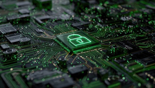 Close-up of a circuit board with a glowing green padlock, symbolizing data security (1) - Powered by Adobe