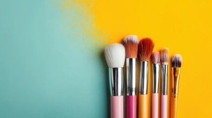 Makeup brushes arranged on colorful background