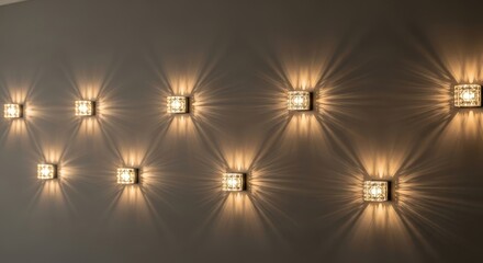 Modern square wall sconces casting decorative light patterns on a contemporary interior wall, creating an elegant and warm ambiance with a striking visual effect