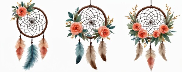 Watercolor dreamcatcher illustration set. Floral design with roses leaves and feathers isolated on white background. Boho style art. For stickers print decoration.