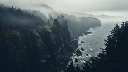 Moody fog landscape from rocky cliffside viewpoint