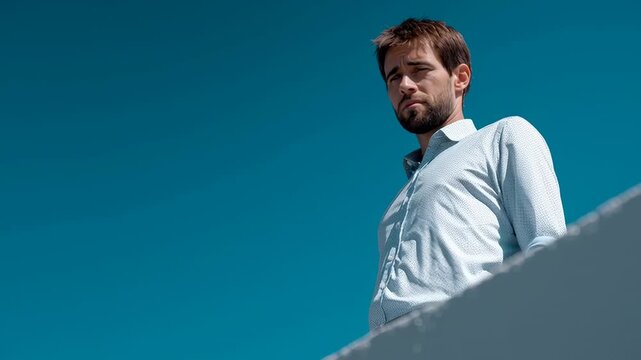 A man stands on a rooftop, looking into the distance. His thoughtful expression contrasts with the vibrant blue sky. The scene captures a moment of reflection in an urban environment
