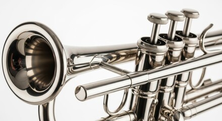 Obraz premium Close-up shot of a shiny silver brass trumpet with a detailed view of the valves and bell