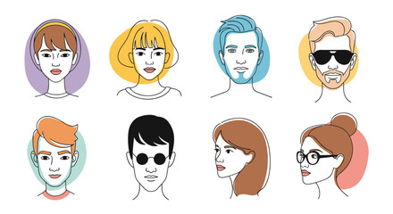 Set of diverse and modern people portraits including men and women with different hairstyles and accessories in a line art style.