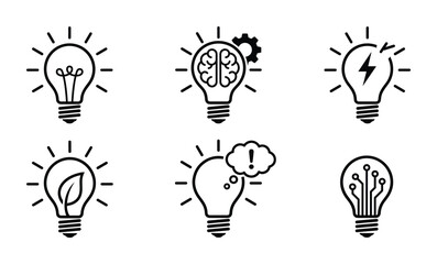 Set of creative light bulb icons depicting various aspects of ideas and intellectual concepts