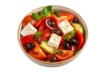 Fresh Traditional Greek Salad with Feta Cheese, Tomatoes, Cucumbers, and Olives on Rustic Table

