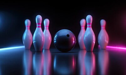 Bowling ball nestled before pins, illuminated by neon, on a glossy, dark surface