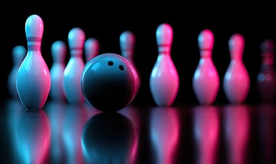A glossy bowling ball rests before pins in a sleek, vibrant, and artistic neon-lit display