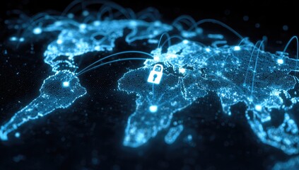 Illuminated digital world map with interconnected glowing nodes & a security padlock icon