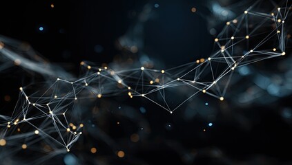 Abstract digital network with nodes and connecting lines, blurred background, dark theme
