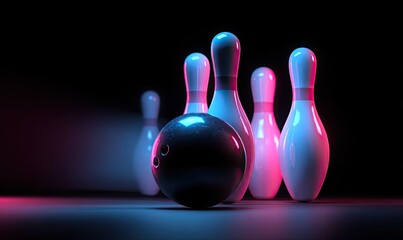 A bowling ball sits before pins highlighted with vibrant blue and pink lights