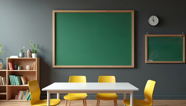 Modern classroom with green chalkboards and yellow chairs around a white table. Wooden bookshelf filled with books and plants sits on the side. A clock hangs on the wall above a smaller chalkboard. - Powered by Adobe