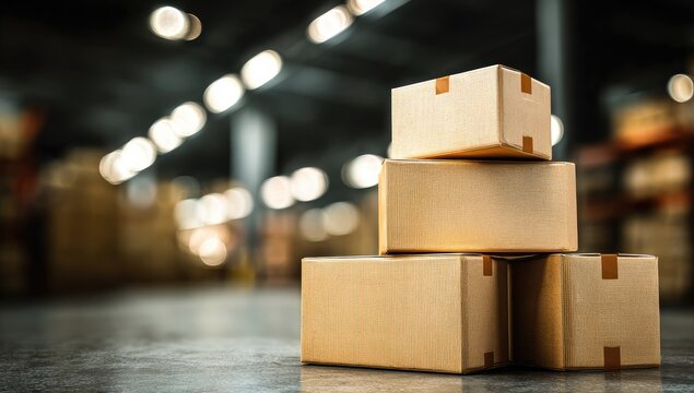 Stacked cardboard boxes in front of a blurred warehouse background with out-of-focus lights
