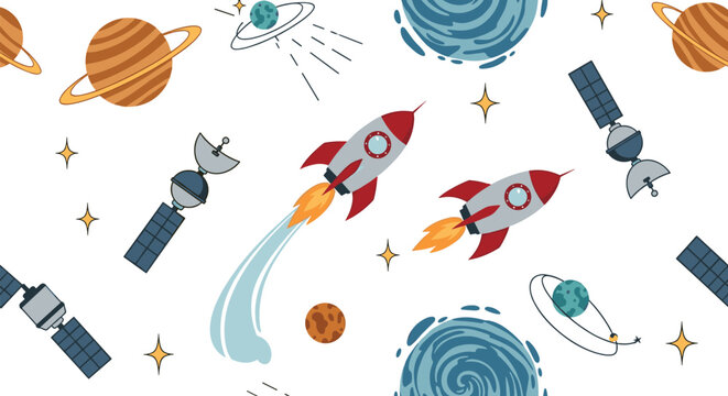 Seamless outer space pattern with cartoon rockets satellites and planets on a white background for a fun kids science design.
