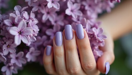 Woman hands with purple nails touch lilac flowers. Gentle lavender manicure complements spring blossoms. Beauty care concept for elegant fingers.