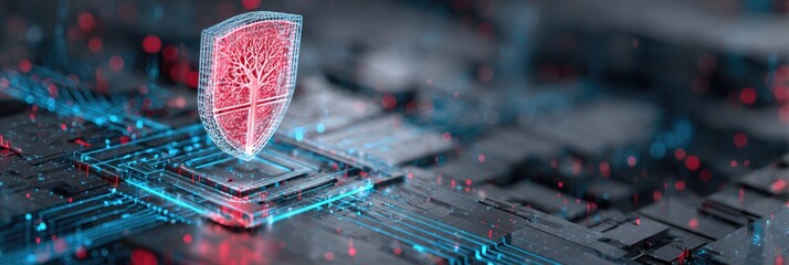 Glowing digital shield over circuit board, red accents, with abstract tree pattern, futuristic