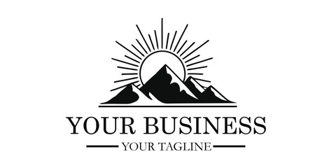 Minimalist black and white mountain peaks and rising sun logo template, perfect for nature-inspired businesses, adventure brands, or corporate identity symbolizing growth and aspiration