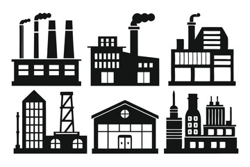 Fototapeta premium Six iconic monochrome factory and industry silhouettes collectively showcase various architectural and engineering styles