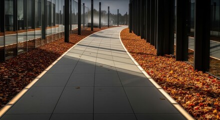 A sunlit architectural journey along a curved walkway surrounded by golden autumn leaves and modern pillars