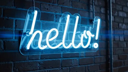 Bright Blue Neon Hello Sign Glowing on Dark Brick Wall. - Powered by Adobe