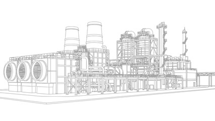Fototapeta premium Wireframe drawing of a large industrial power generation facility