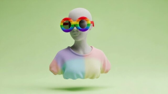 Animated mannequin head with rainbow glasses and pastel shirt radiates positive vibes and inclusivity, ideal for diverse campaigns