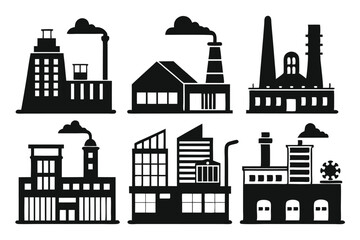 Fototapeta premium Several black factory icons are emitting smoke on a white background, showcasing industrial structures