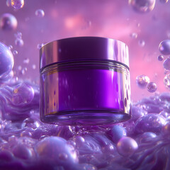 Luxurious purple cosmetic jar floating in dreamy glossy liquid with shimmering bubbles, futuristic skincare product scene featuring glowing reflections and vibrant beauty aesthetic
