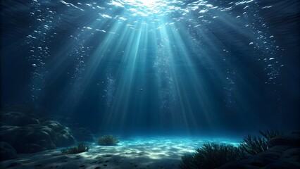 Underwater scene with sunlight rays shining through ocean water deep sea marine life background