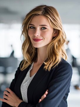 Confident Businesswoman: A portrait of a poised businesswoman with a genuine smile and confident demeanor in a modern office, representing professionalism and success.