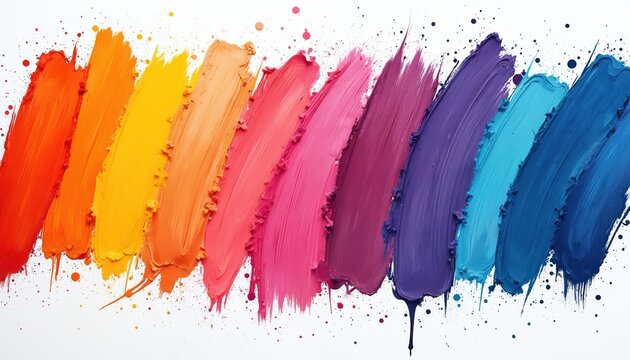 Colorful paint strokes form a vibrant rainbow arc against white backdrop. Pigment splashes and drips add texture and artistic flair. This abstract art evokes joy creativity and diversity.