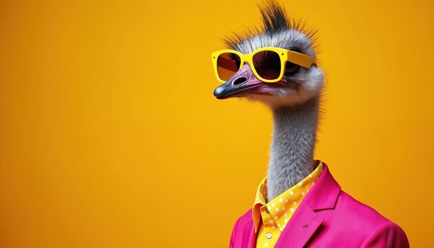 Emu bird wears stylish yellow sunglasses, polka dot shirt, pink blazer. Animal looks fashionable, cool. Quirky character stands against vibrant orange background. Represents modern advertising