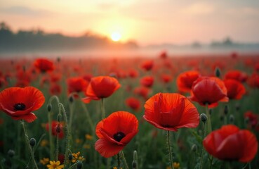 Field of red poppies at sunset. Sun sets behind trees over a vast poppy meadow with misty air. Close up red flowers detail with green stems.