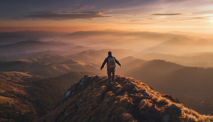 Hiker on a mountain ridge, bathed in the warm light of sunset. Inspiring view, symbolizing freedom, adventure, and achieving goals. Great for travel, motivation, and success.