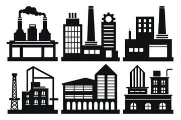Fototapeta premium Black silhouettes represent various urban industrial buildings and structures isolated against a plain white background