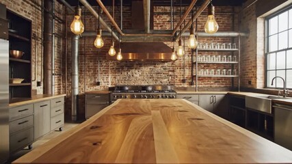 Dynamic motion through rustic kitchen design with exposed brick and modern lighting, creating a vibrant cooking space perfect for culinary videos