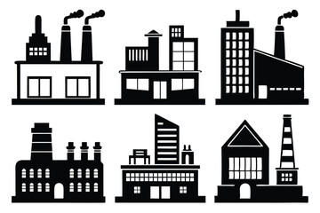 Obraz premium Six black building icons showcase factory, industry, and architecture on a stark white canvas