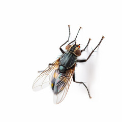 Detailed macro shot of a common fly against a stark white background. Illustrates resilience or pest control needs. Ideal for science, nature, or conceptual themes.