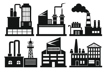 Obraz premium Various black industrial factory and building silhouettes showcase industrial infrastructure and urban landscape