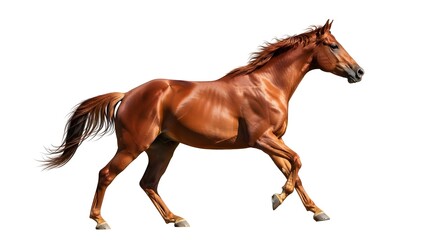 Chestnut horse running isolated on white background powerful animal in motion
