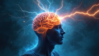 An artistic photo of a man with a glowing brain surrounded by electricity. The artwork symbolizes innovation and intelligence. It can represent the power of ideas.
