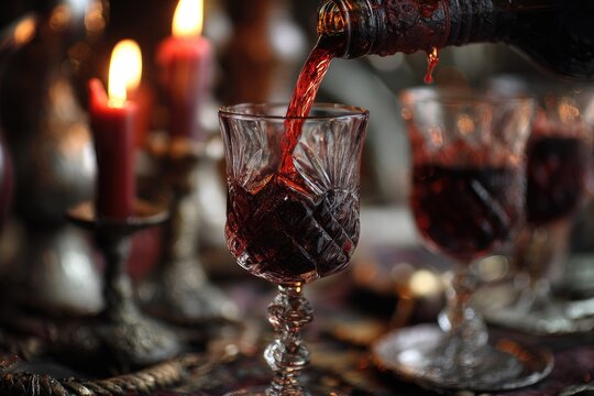 A close-up shot of wine being poured into a cut-glass goblet by candlelight - Powered by Adobe