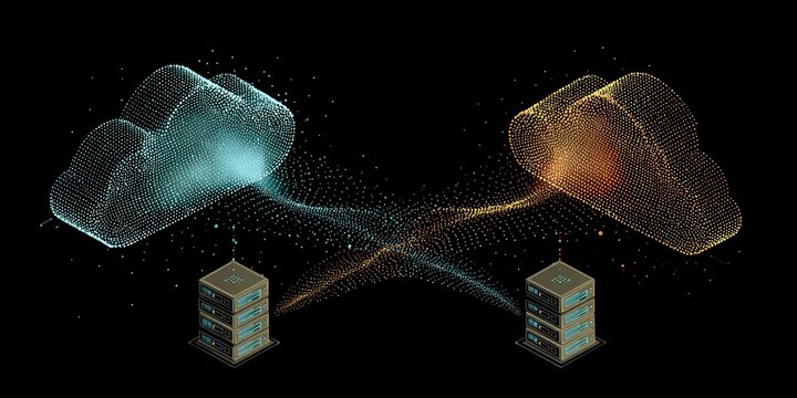 Two data cloud images and server towers, connected by lines of points, on black background