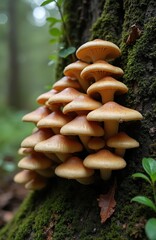 Large cluster of small light brown mushrooms grows on vibrant green moss covered tree trunk. Saprophytic fungi actively break down old decaying wood. Natural forest ecosystem illustrates